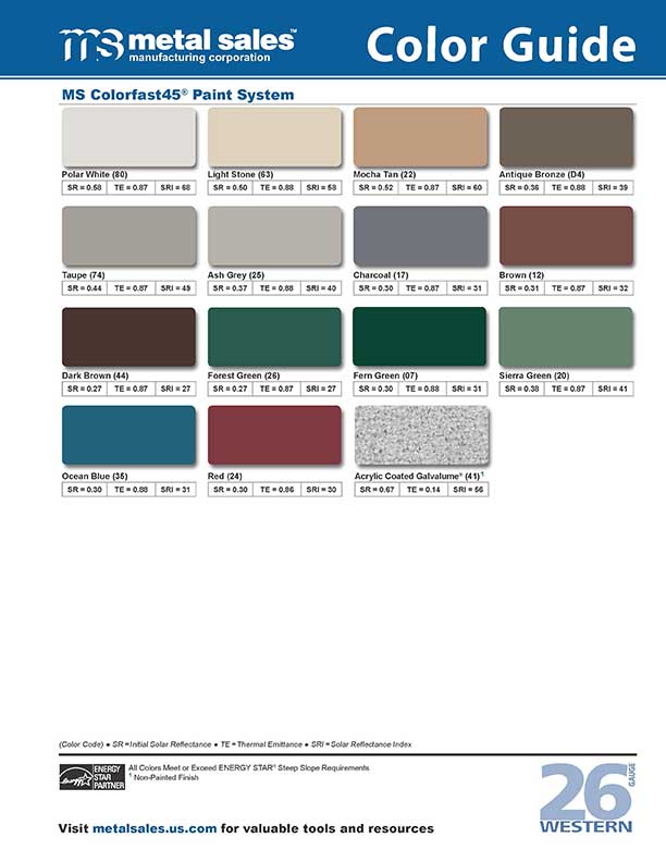 Color guide showing various paint shades with names like Polar White, Light Stone, and more. Includes color specifications like SR, SRI, and LRV values.