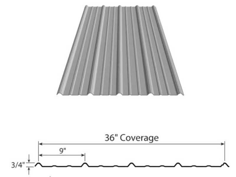 gray corrugated metal sheet with dimensions: 36 inches coverage width, 3/4 inch rib height, and 9 inches between major ribs.