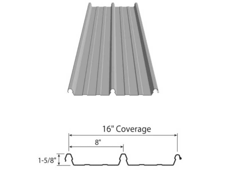 gray metal roofing panel with ribbed profile, shown from above and in cross section. diagram indicates 16 inch coverage width and 1 5/8 inch rib height.