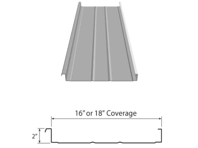 gray metal roofing panel with raised seams, shown in 3d view and cross section; panel covers 16 or 18 inches in width and 2 inches in height.