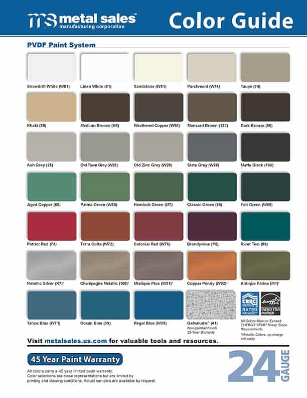 Color guide sheet with 31 color samples for metal panels, featuring various shades of white, brown, gray, green, red, and silver. Includes a 45-year paint warranty note.