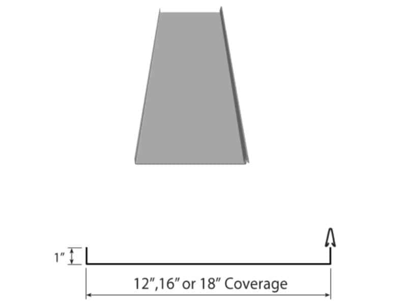 diagram of a trapezoidal metal panel profile with a height of 1 inch and width options of 12, 16, or 18 inches.