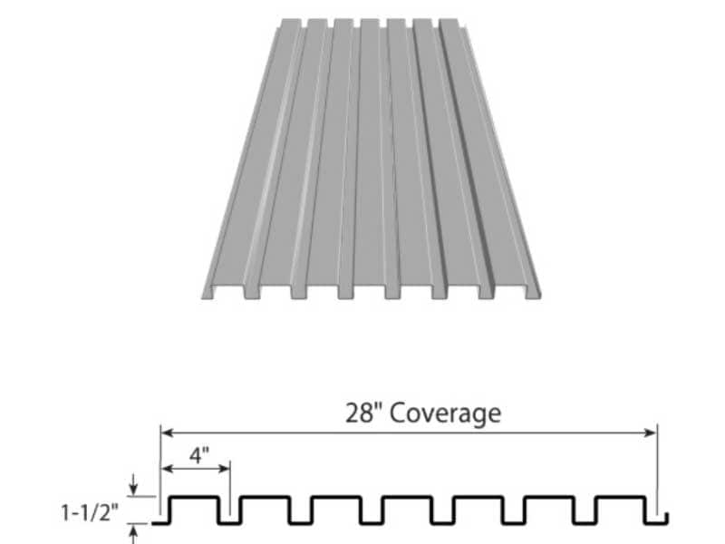 corrugated metal roofing panel with 28 inch coverage, 4 inch rib spacing, and 1.5 inch rib height, shown in both perspective and cross section views.