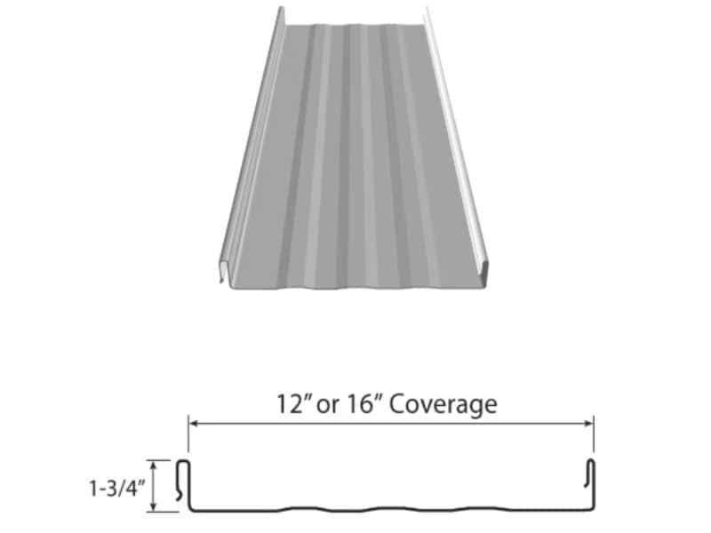 diagram of a metal roofing panel with 12 or 16 inch coverage and a 1 3/4 inch rib height, showing both a perspective and end view with measurements.