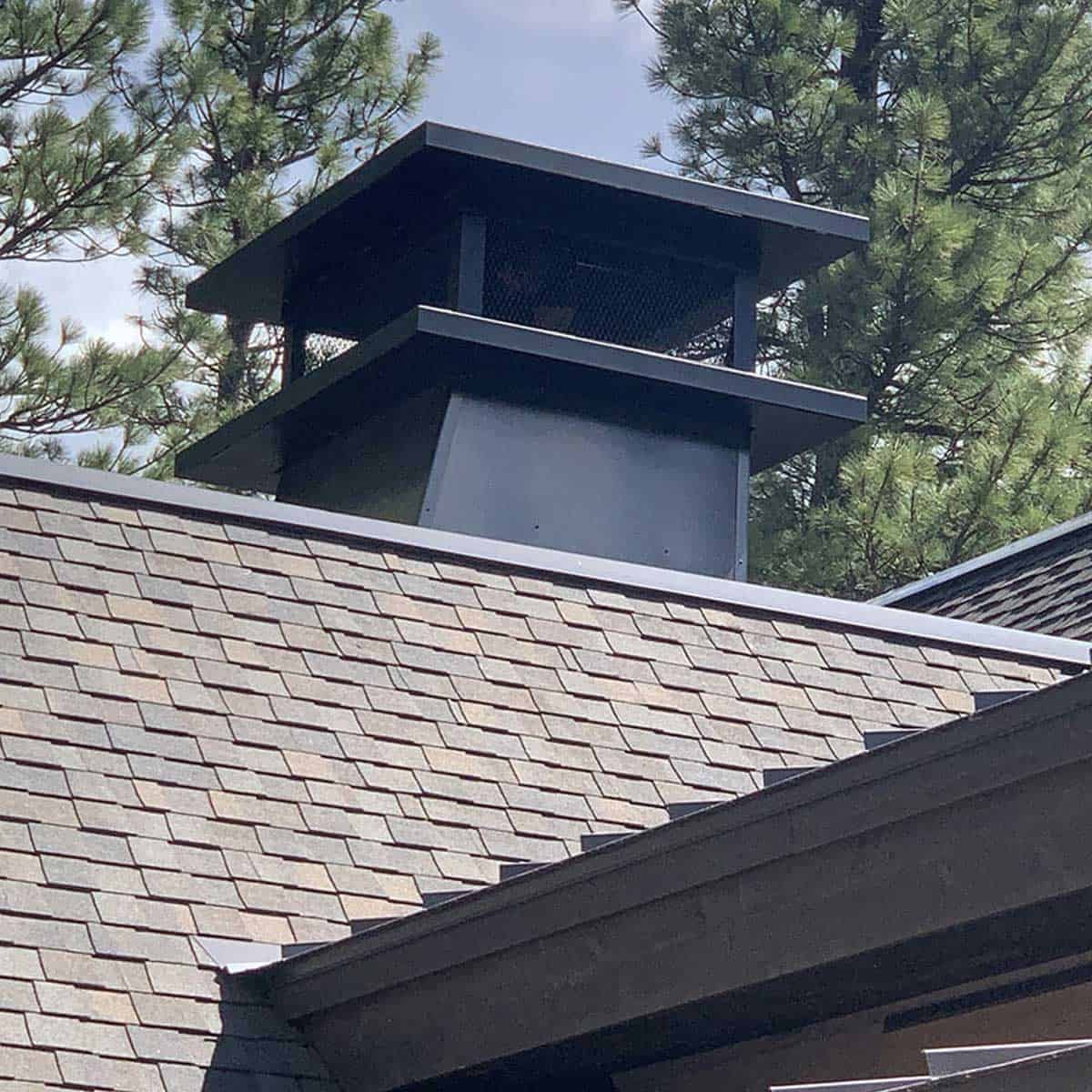 A large black chimney cap with mesh sides sits atop a shingled roof, surrounded by tall pine trees in the background.